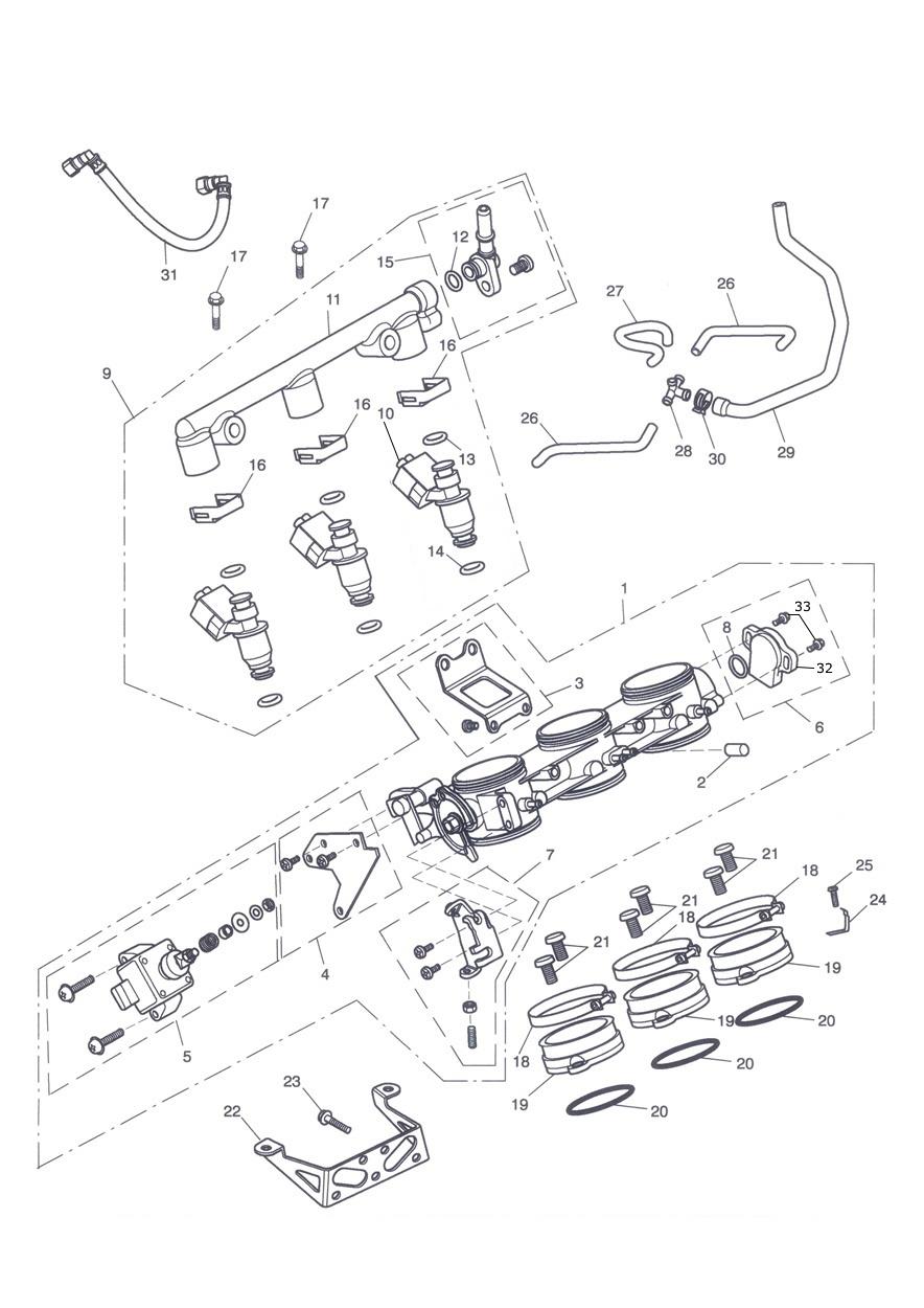 Throttles, Injectors and Fuel Rail exploded diagram