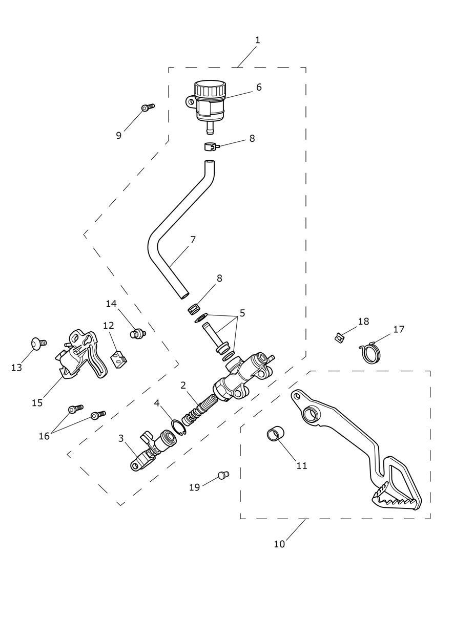 Rear Brake Master Cylinder, Reservoir & Pedal exploded diagram