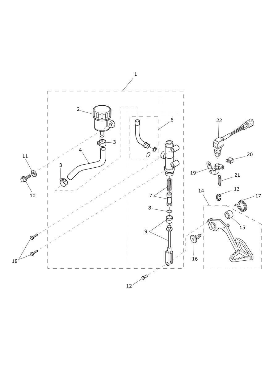 Rear Brake Master Cylinder, Reservoir & Pedal exploded diagram