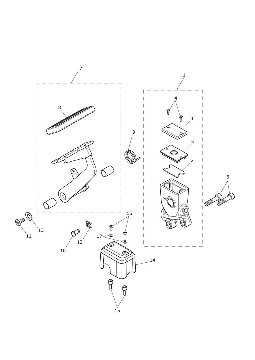 Rear Brake Master Cylinder, Reservoir & Pedal exploded diagram