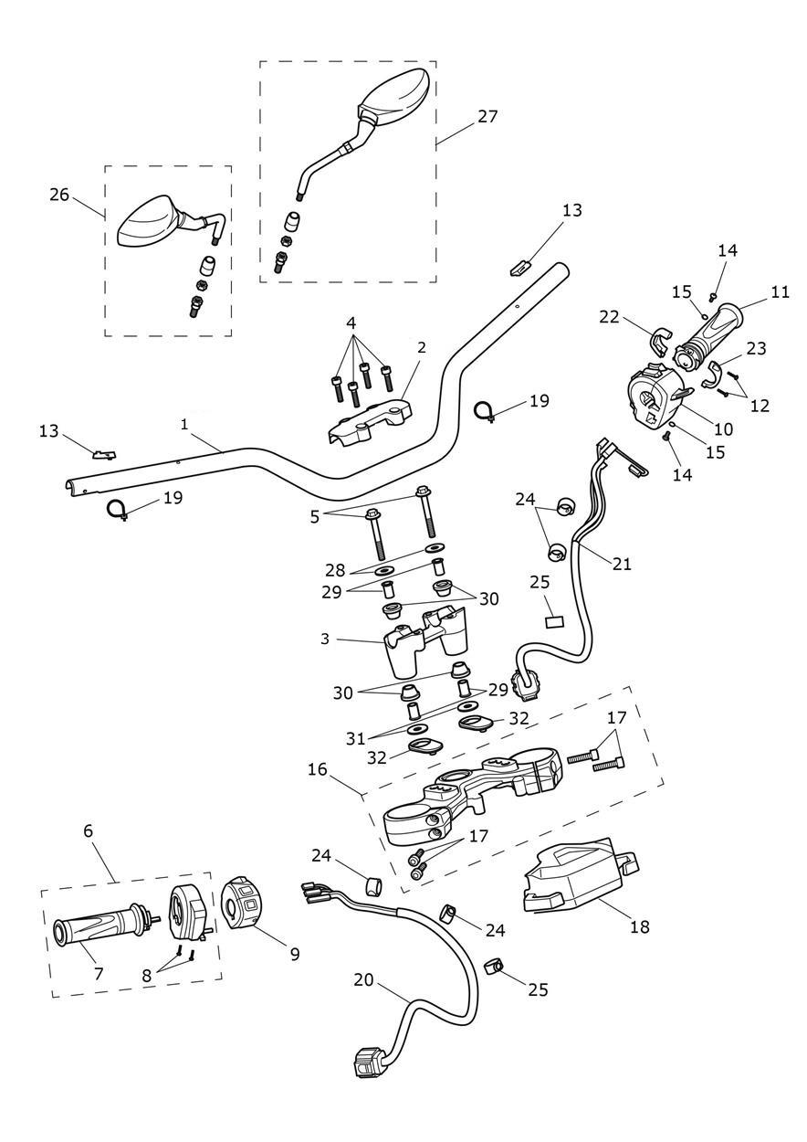 Handlebars, Top Yoke & Mirrors exploded diagram
