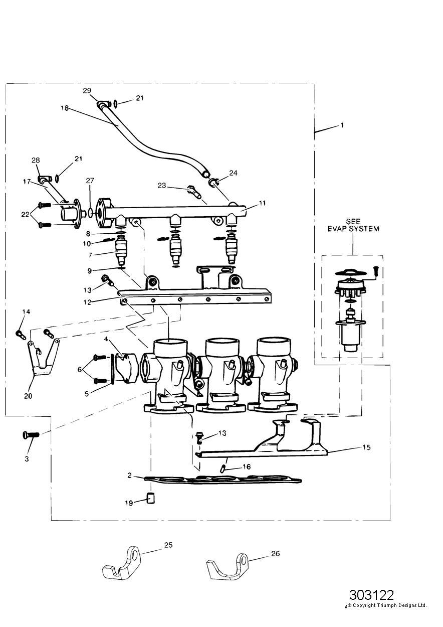 Throttles/Injectors and Fuel Rail exploded diagram