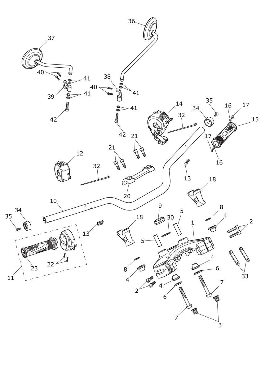 Handlebars, Top Yoke & Mirrors exploded diagram