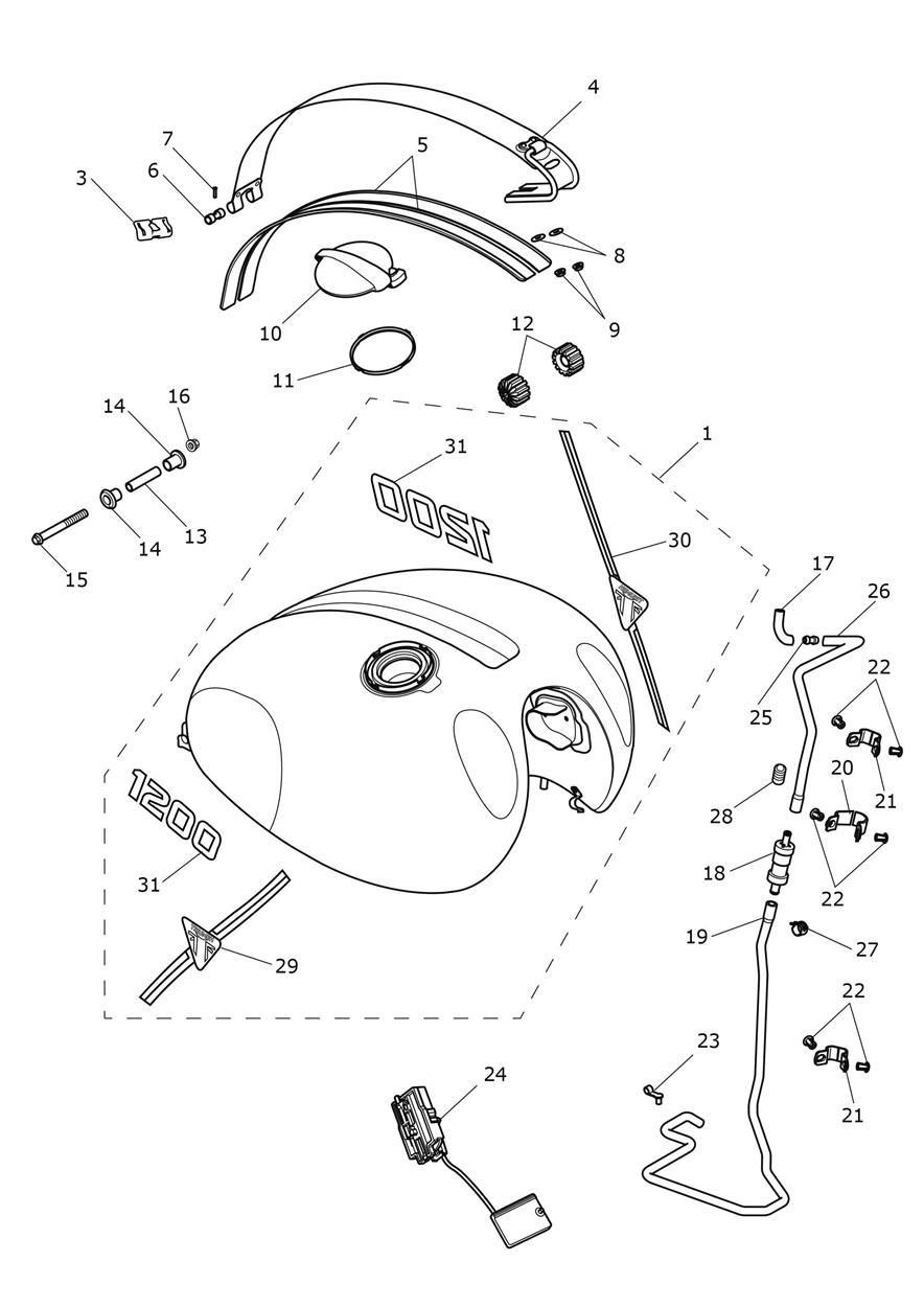 Fuel Tank - Orange/Black, Black/Grey & Green/Grey Bikes Only exploded diagram
