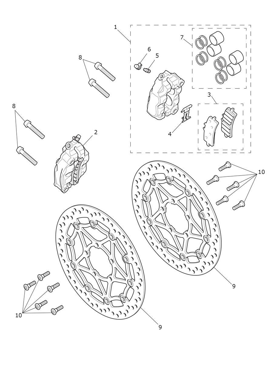 Front Caliper & Discs exploded diagram