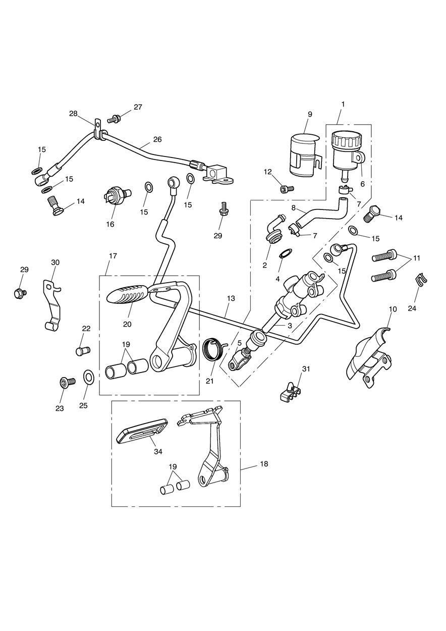 Rear Brake Master Cylinder, Reservoir & Pedal exploded diagram