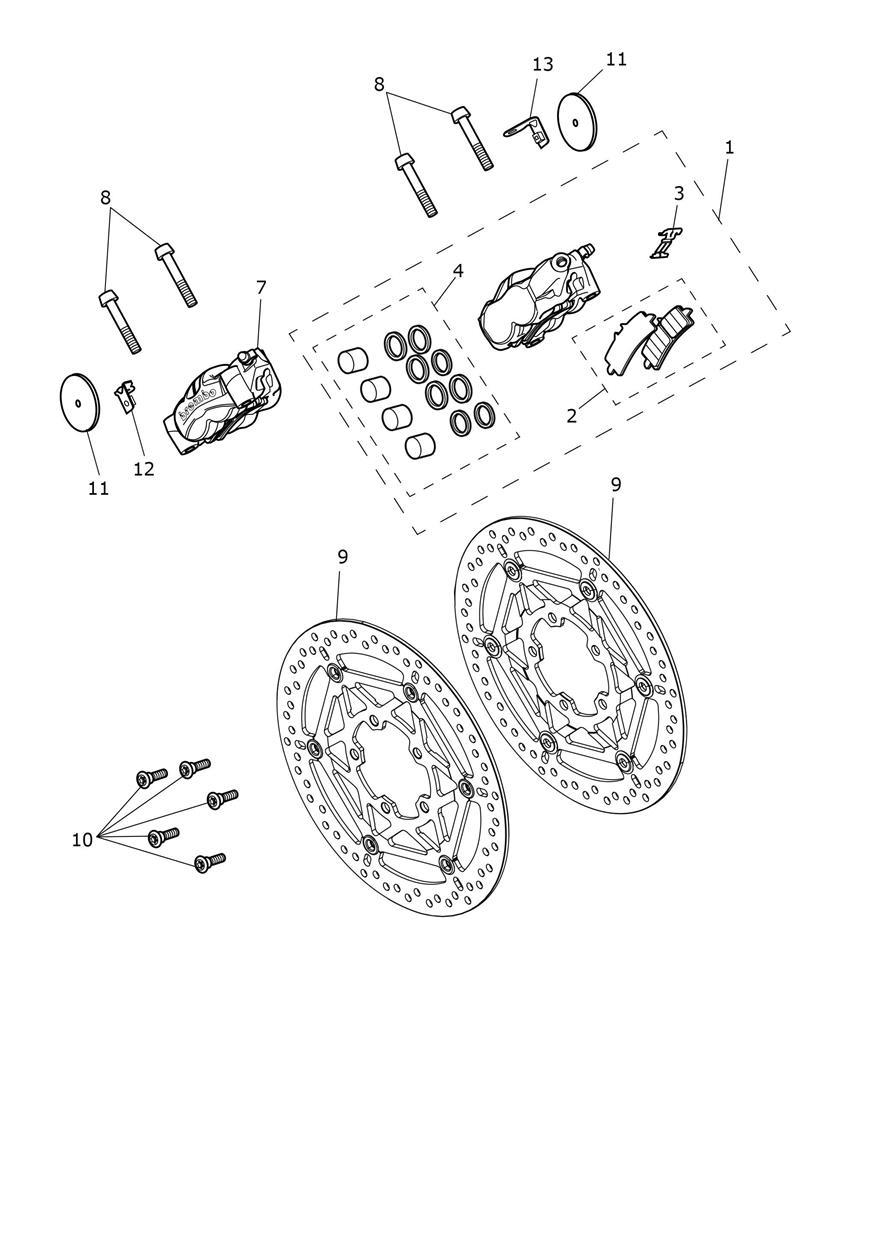 Front Brake Caliper & Discs exploded diagram