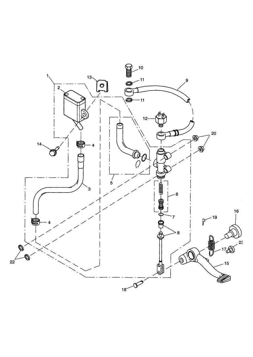 Rear Brake Master Cylinder, Reservoir & Pedal exploded diagram