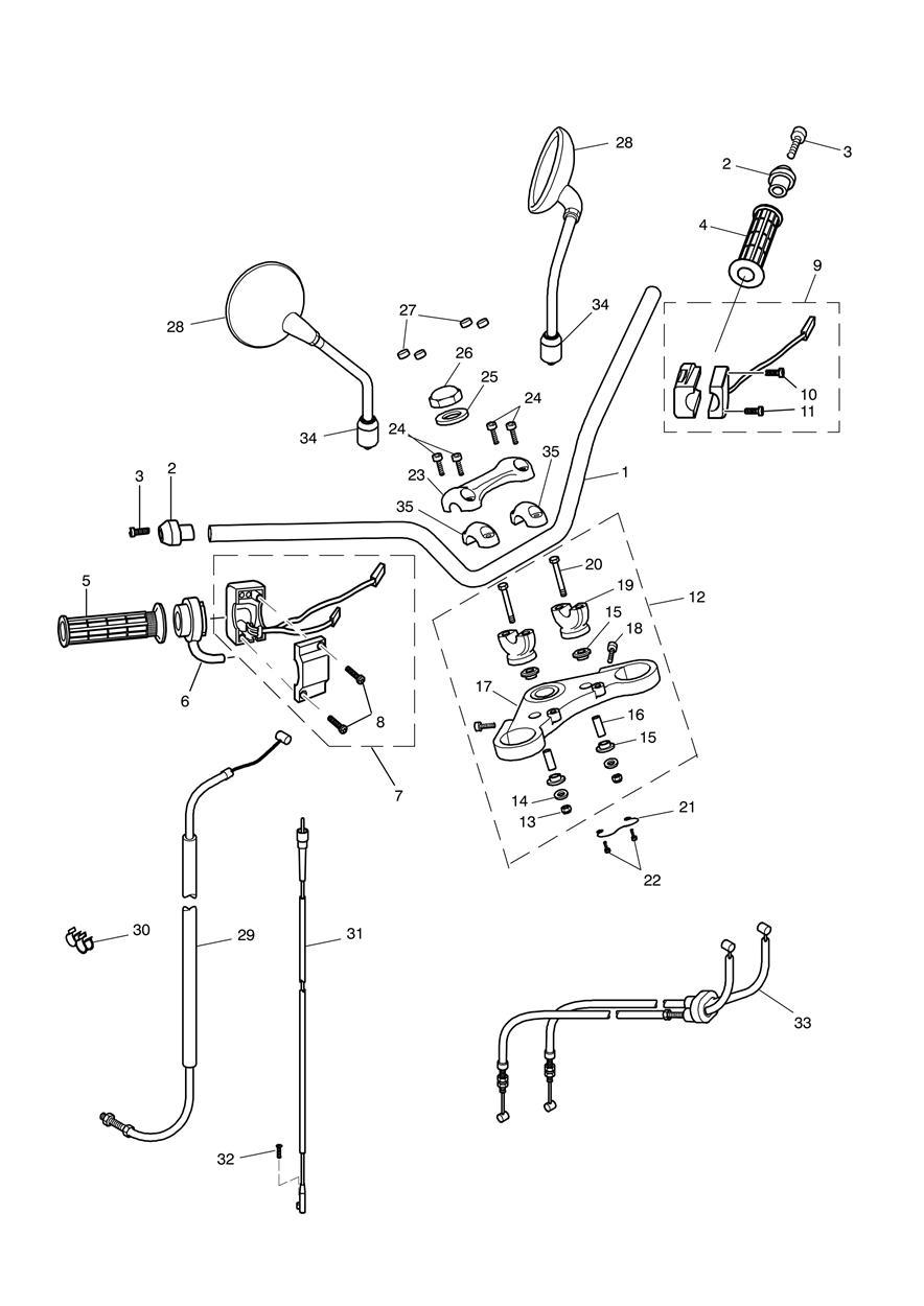 Handlebars, Top Yoke, Cables & Mirrors exploded diagram