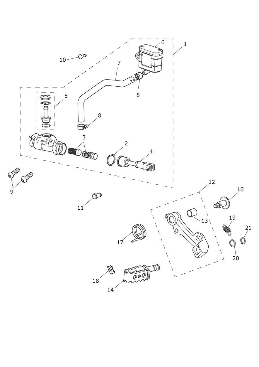 Rear Brake Master Cylinder, Reservoir & Pedal exploded diagram
