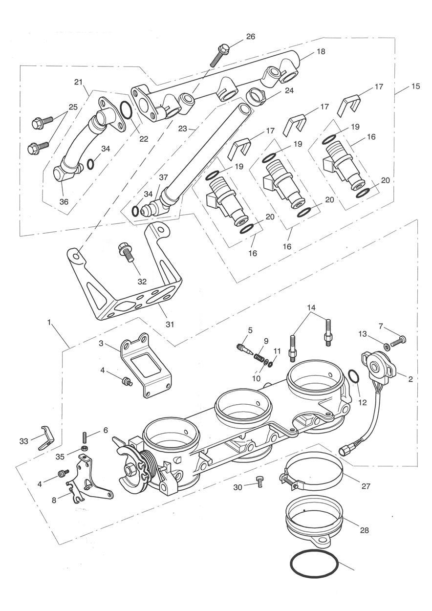 Throttles/Injectors and Fuel Rail exploded diagram