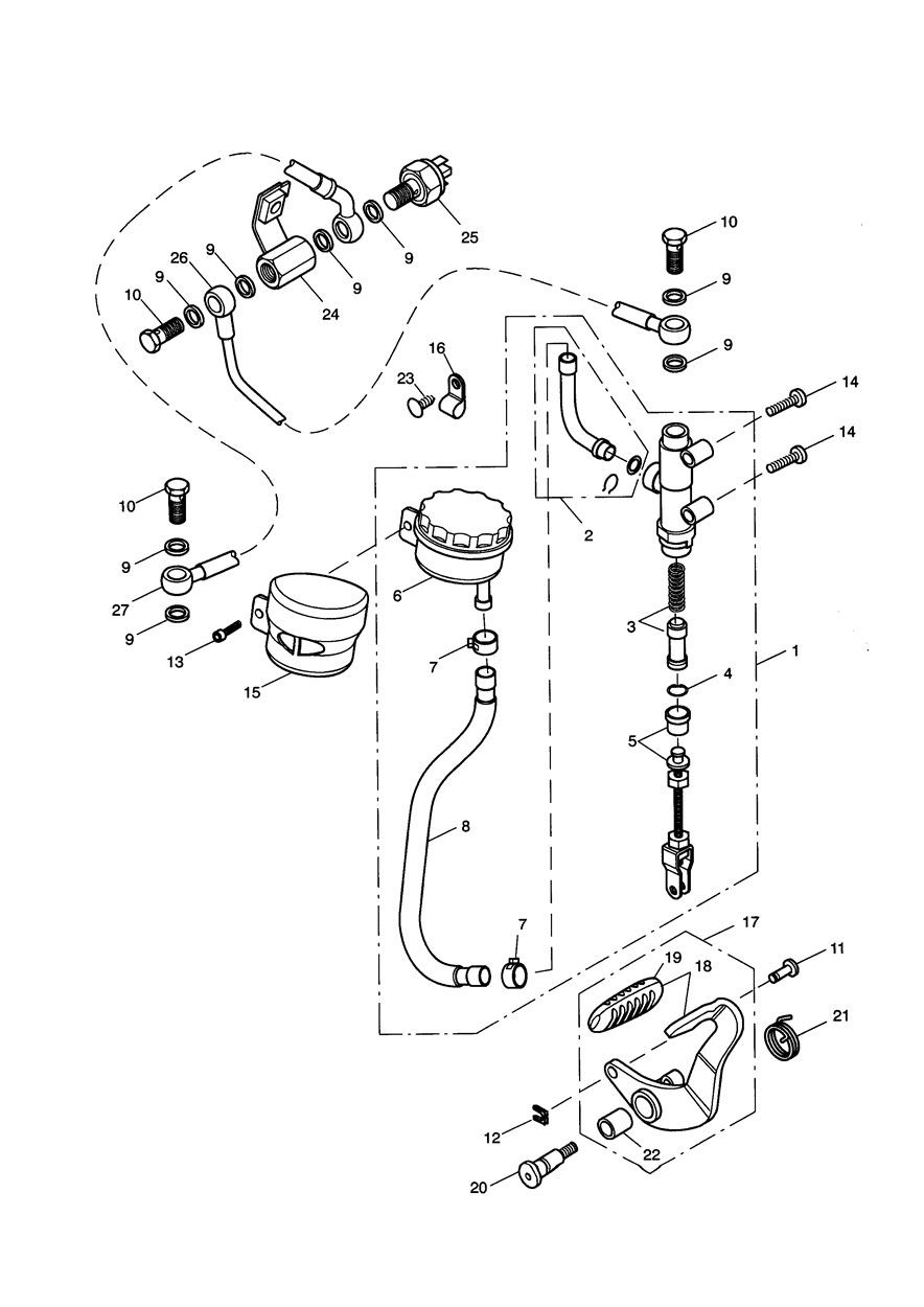 Rear Brake Master Cylinder, Reservoir & Pedal exploded diagram