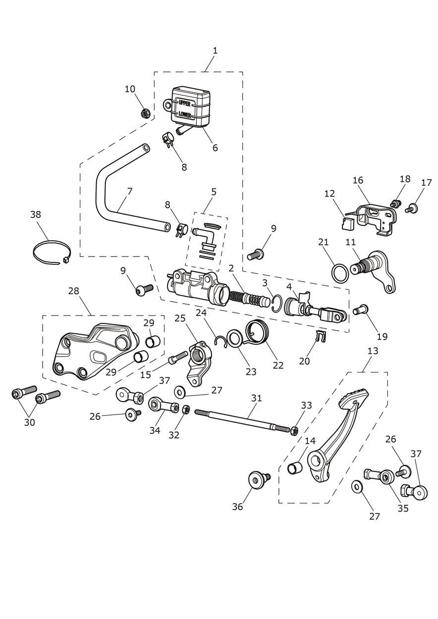 Rear Brake Master Cylinder, Reservoir & Pedal exploded diagram