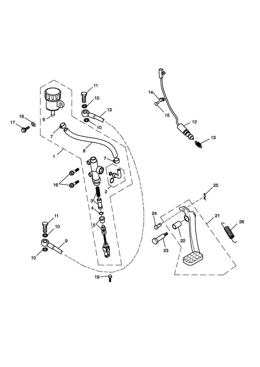 Rear Brake Master Cylinder, Reservoir & Pedal exploded diagram