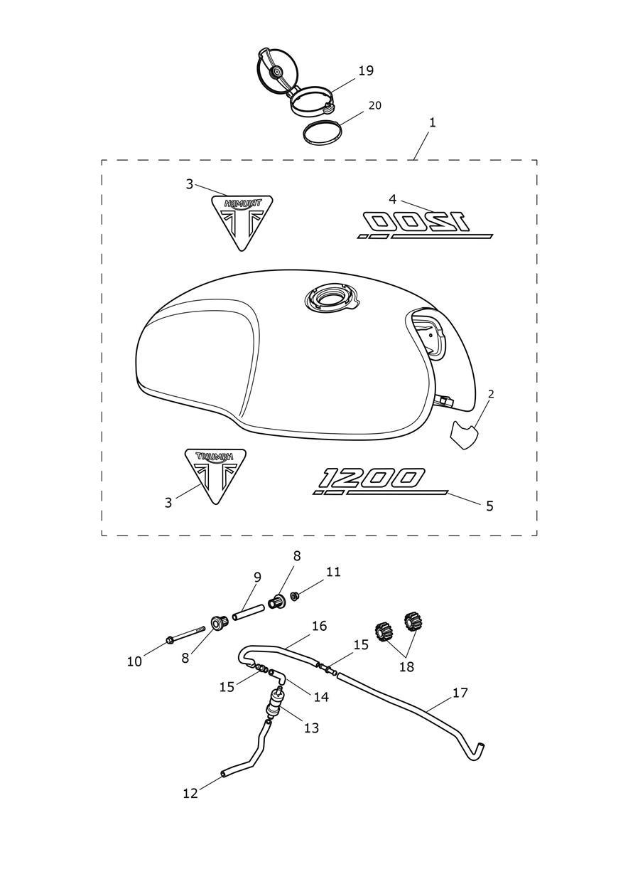 Fuel Tank - Carnival Red/Storm Grey & Matt Ironstone/Matt Storm Grey Tanks exploded diagram