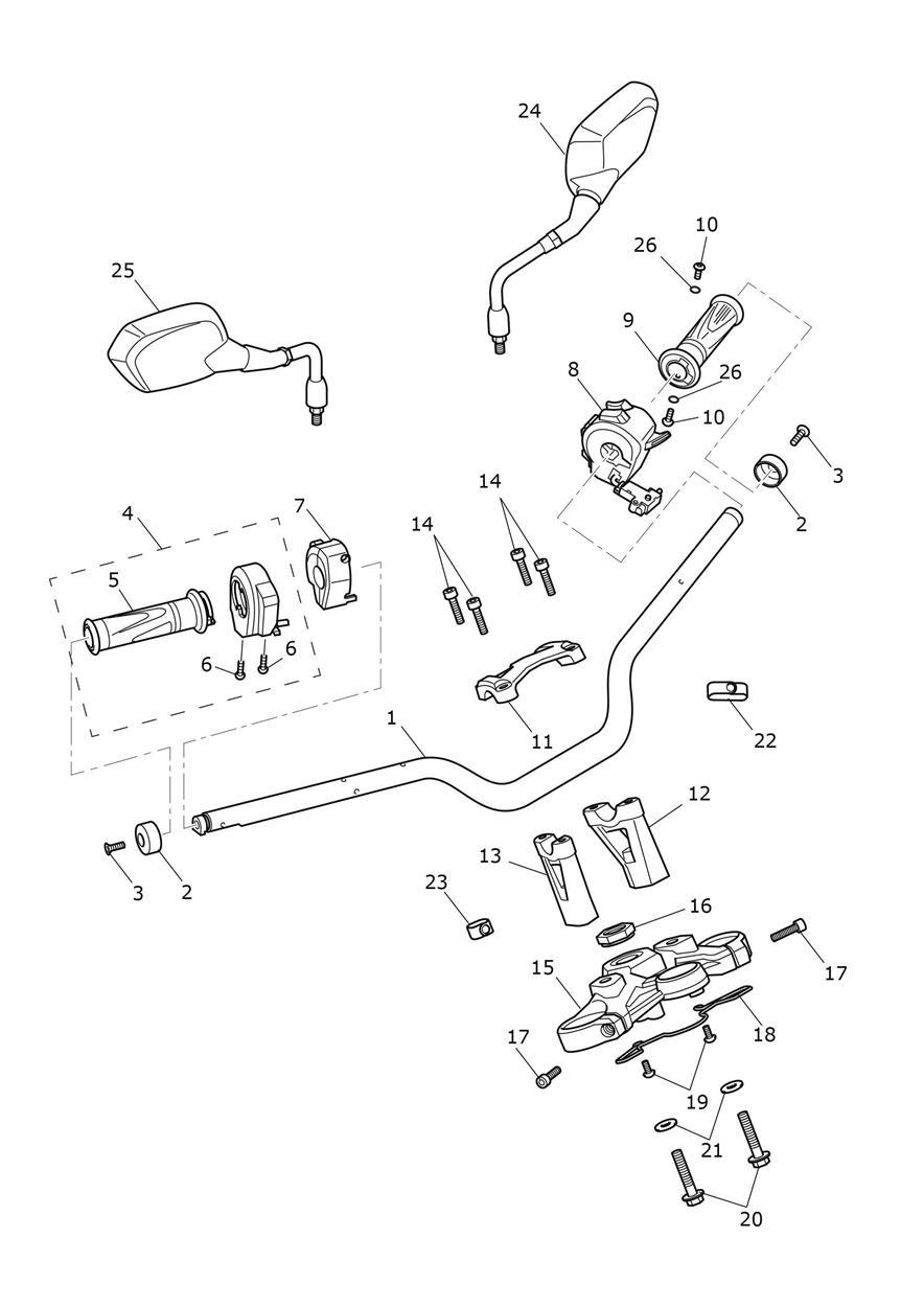 Handlebars, Top Yoke & Mirrors exploded diagram
