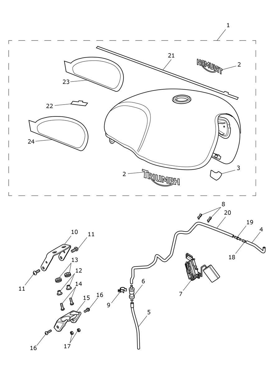 Fuel Tank - Carnival Red/Sapphire Black Bikes Only exploded diagram