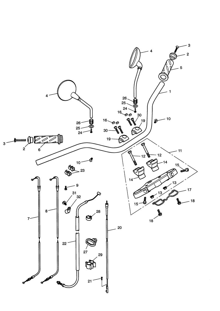 Handlebars, Top Yoke, Cables & Mirrors exploded diagram