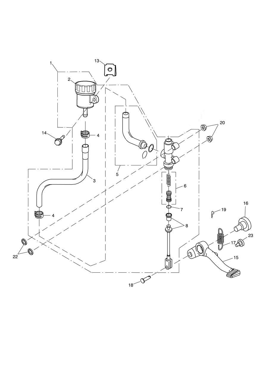Rear Brake Master Cylinder, Reservoir & Pedal exploded diagram