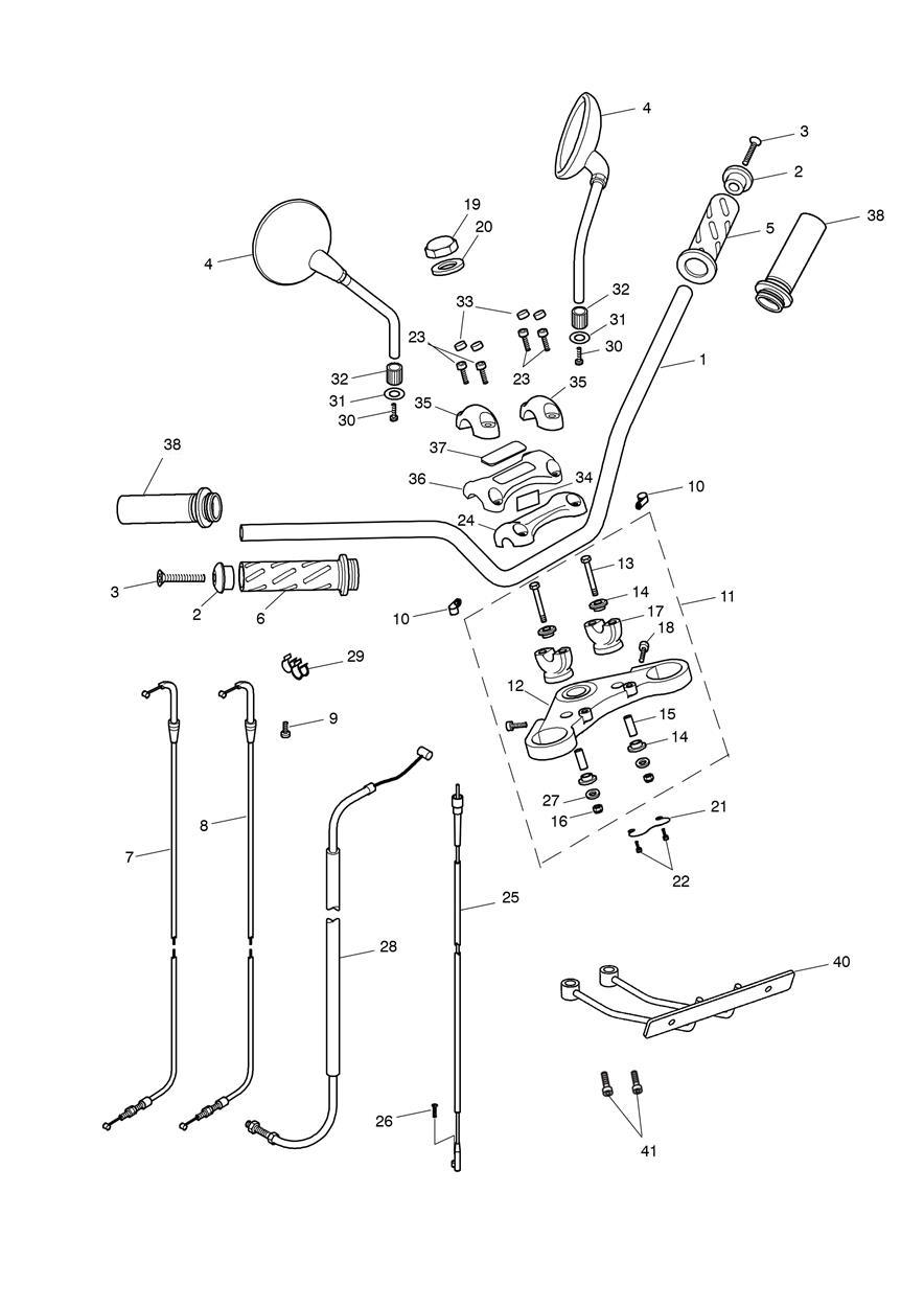 Handlebars, Top Yoke, Cables & Mirrors exploded diagram
