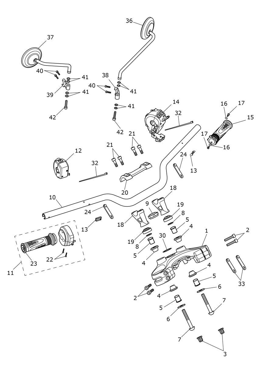Handlebars, Top Yoke & Mirrors exploded diagram