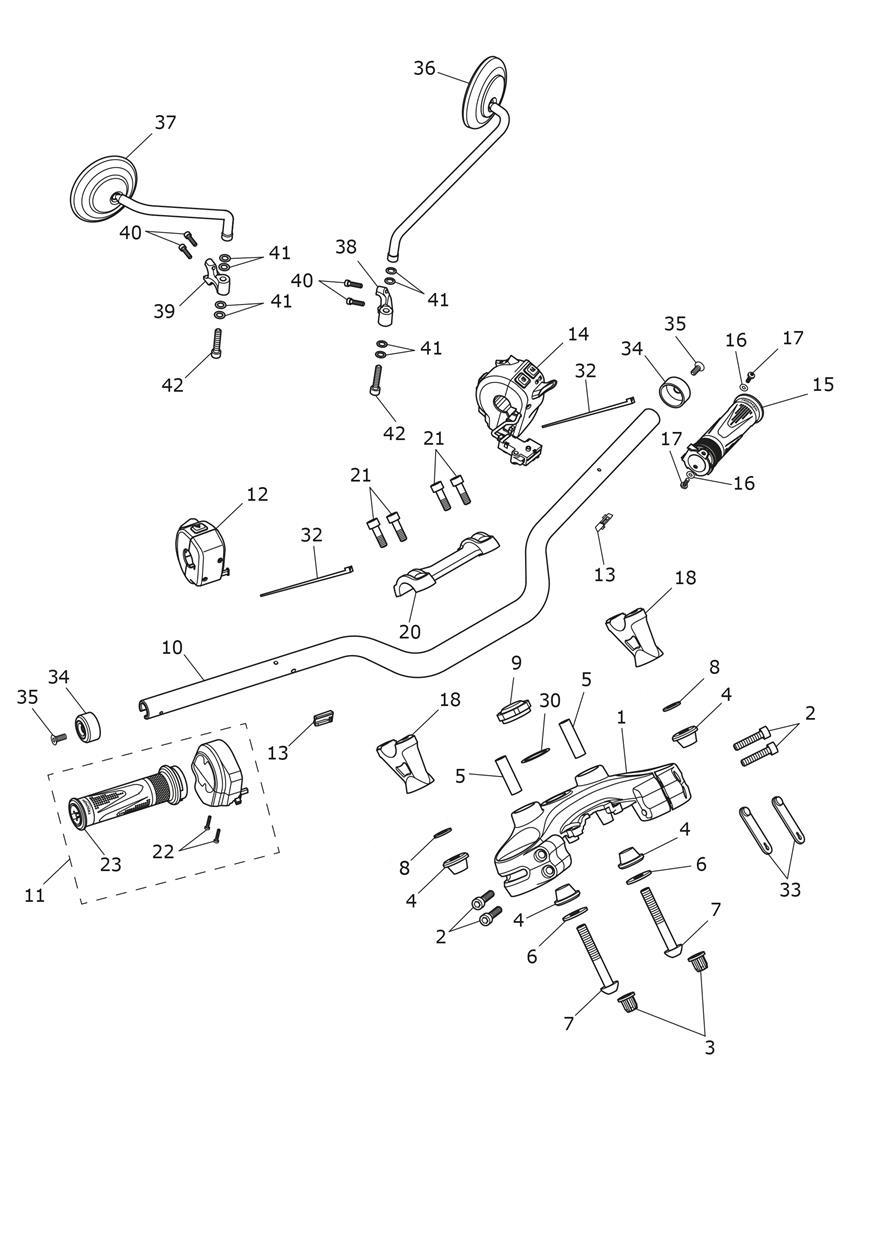 Handlebars, Top Yoke & Mirrors exploded diagram