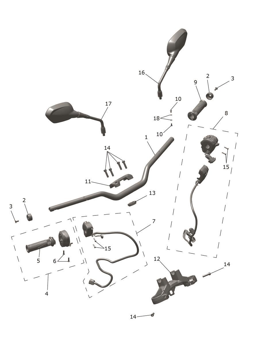 Handlebars, Top Yoke & Mirrors exploded diagram