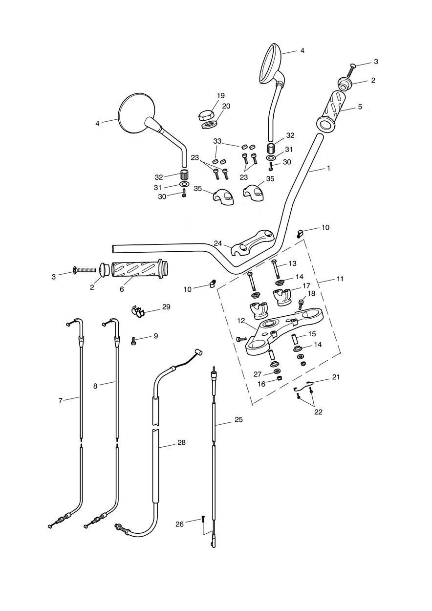 Handlebars, Top Yoke, Cables & Mirrors exploded diagram