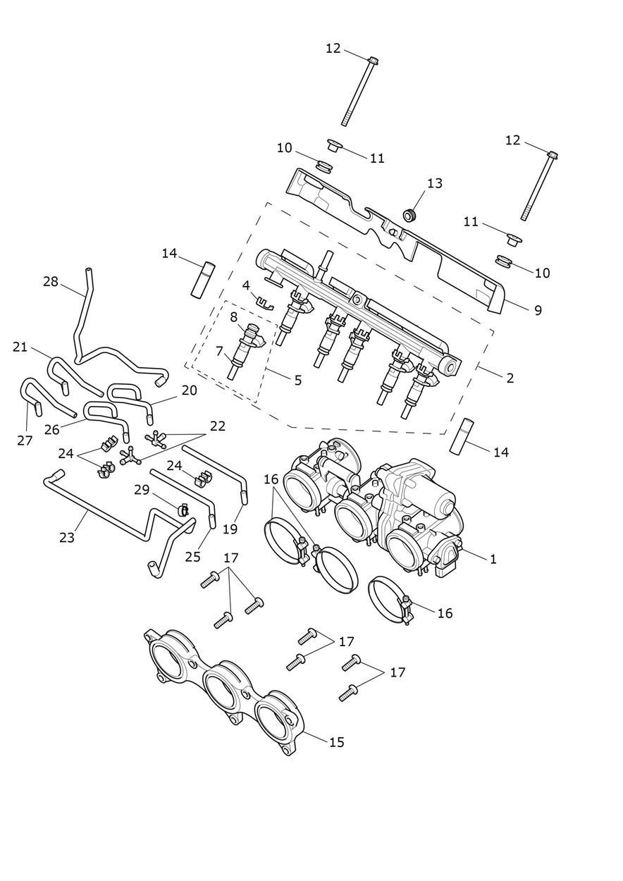 Throttles, Injectors & Fuel Rail exploded diagram