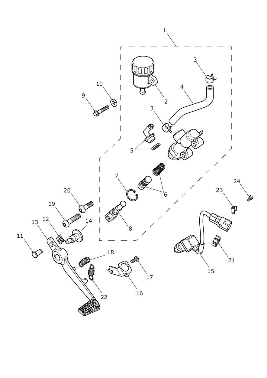 Rear Brake Master Cylinder, Reservoir & Pedal exploded diagram