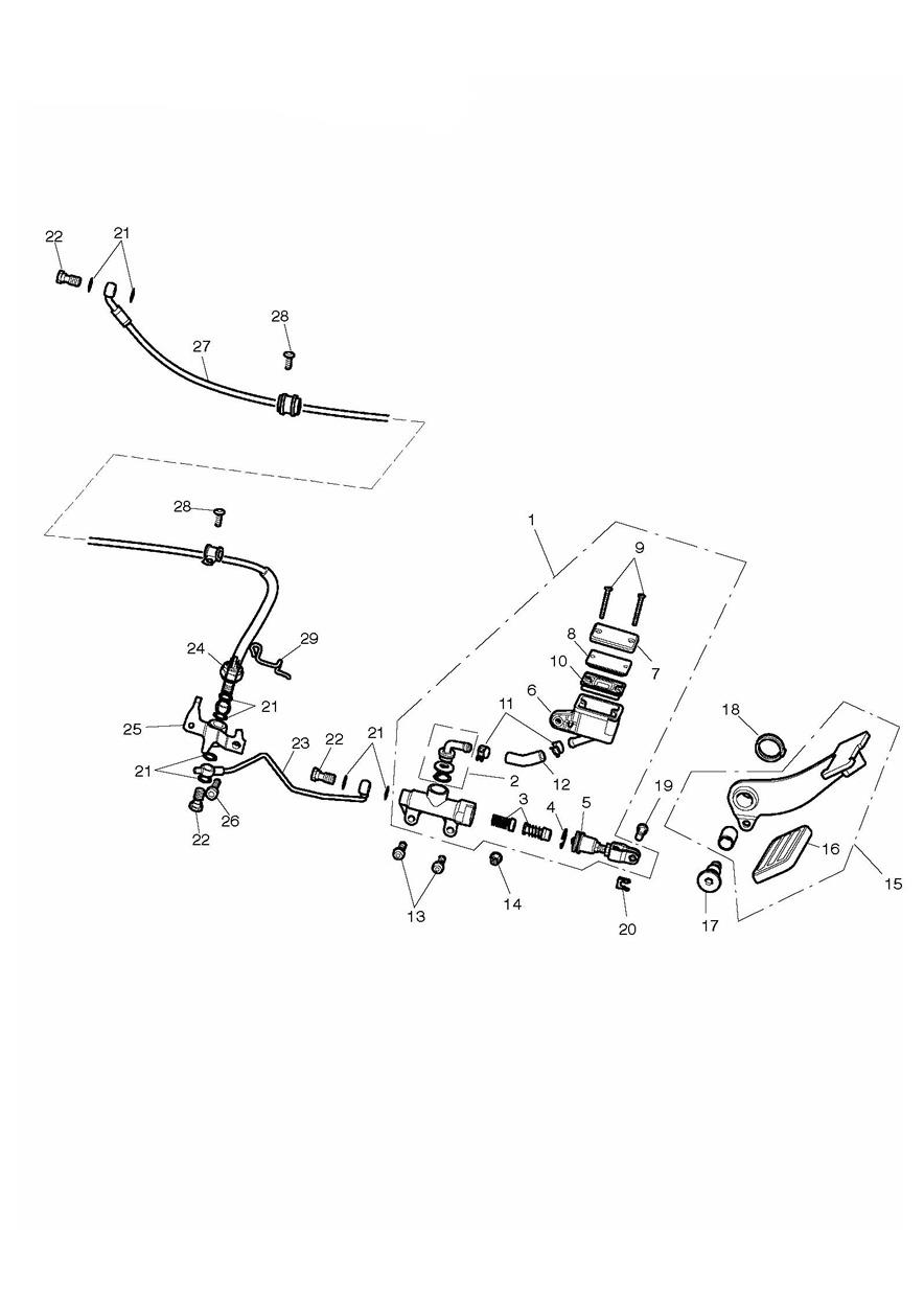 Rear Brake Master Cylinder, Reservoir & Pedal exploded diagram