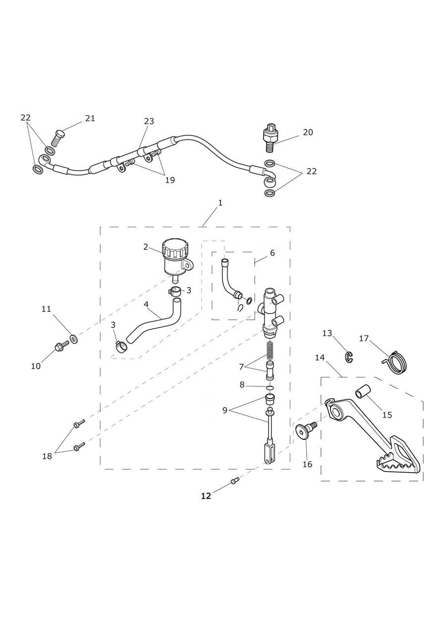 Rear Brake Master Cylinder, Reservoir & Pedal exploded diagram