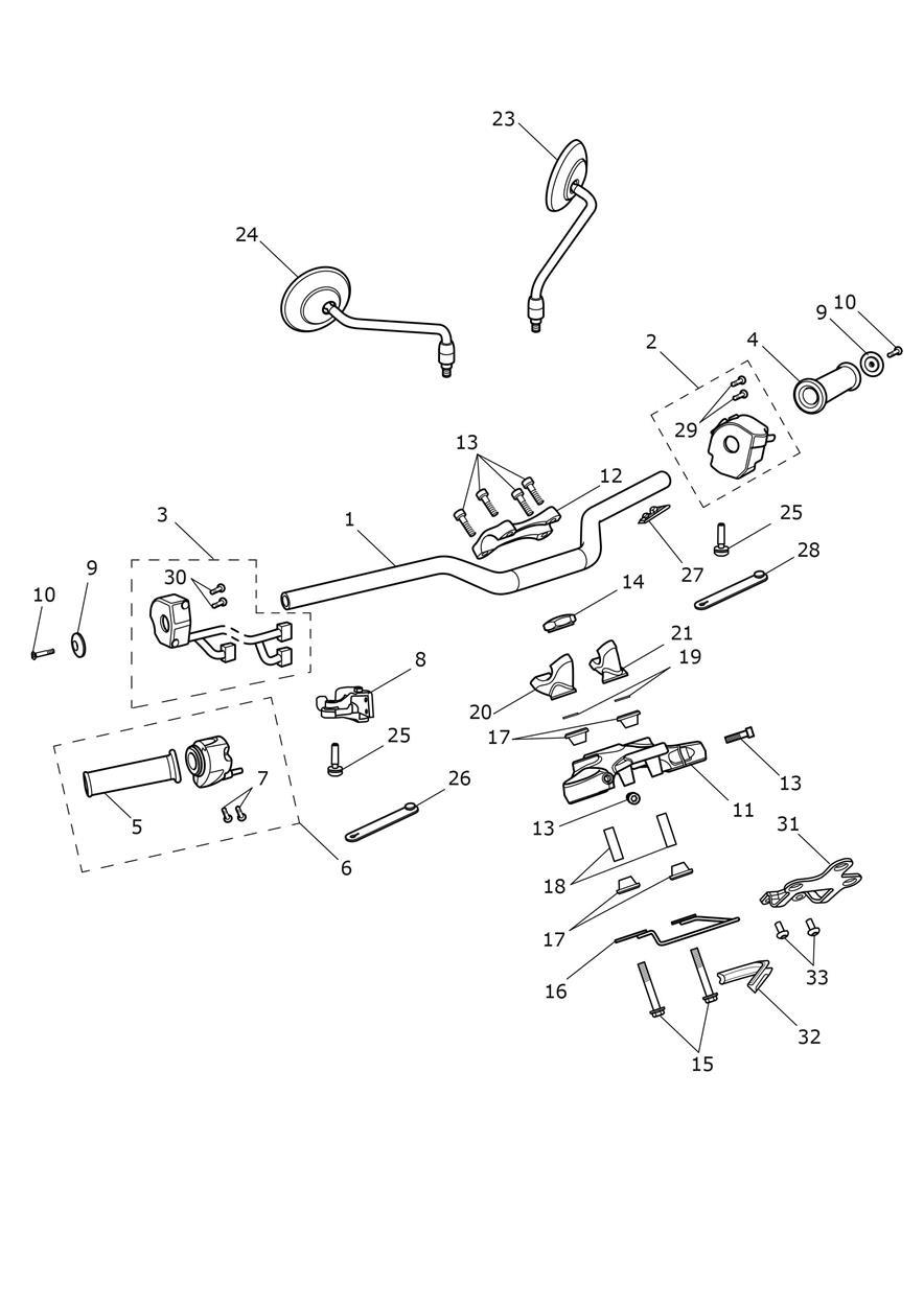 Handlebars, Top Yoke & Mirrors exploded diagram