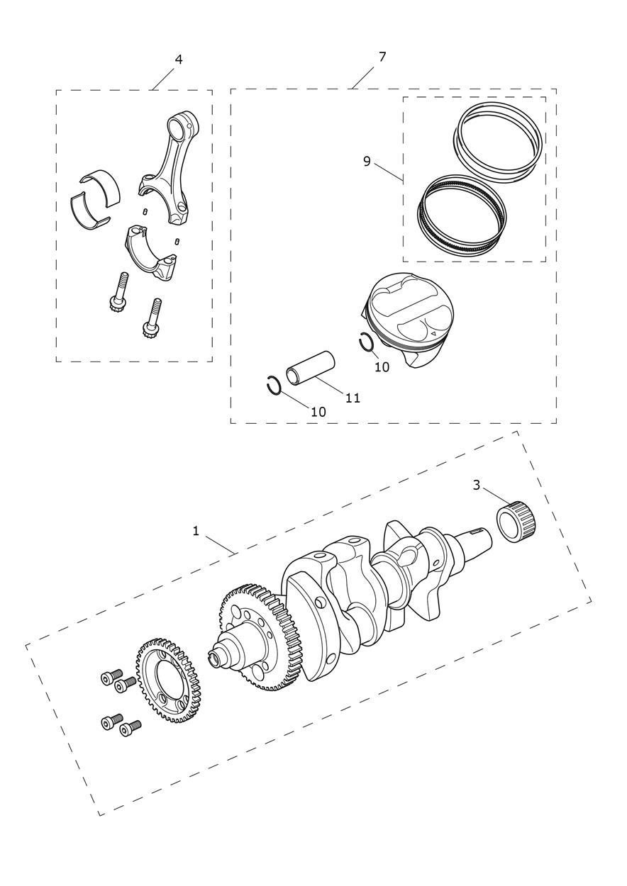 Crankshaft, Conrods and Pistons exploded diagram