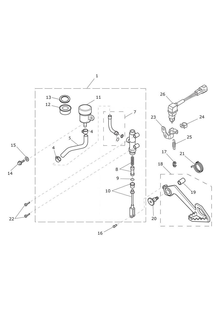 Rear Brake Master Cylinder, Reservoir & Pedal exploded diagram
