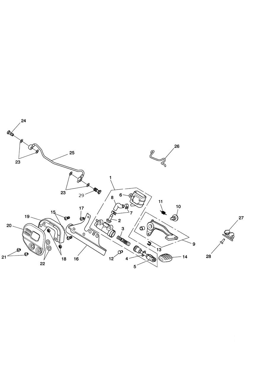 Rear Brake Master Cylinder, Reservoir & Pedal - Roadster exploded diagram