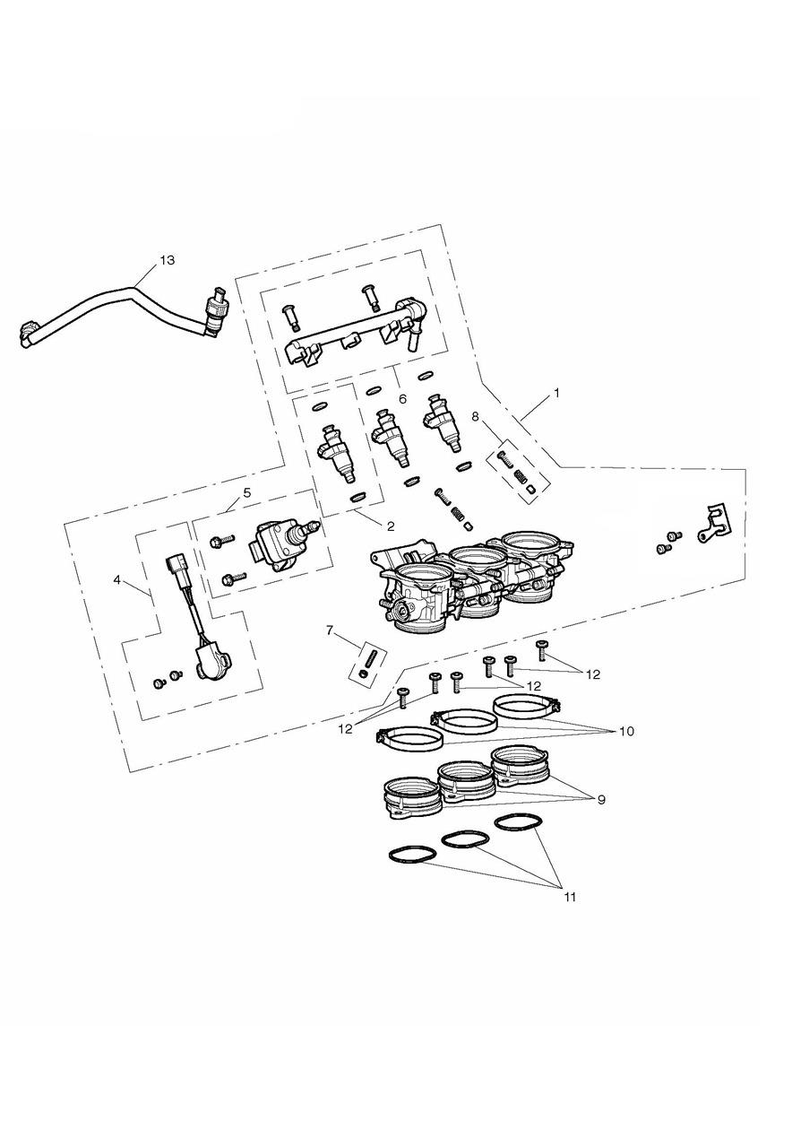 Throttles, Injectors and Fuel Rail exploded diagram