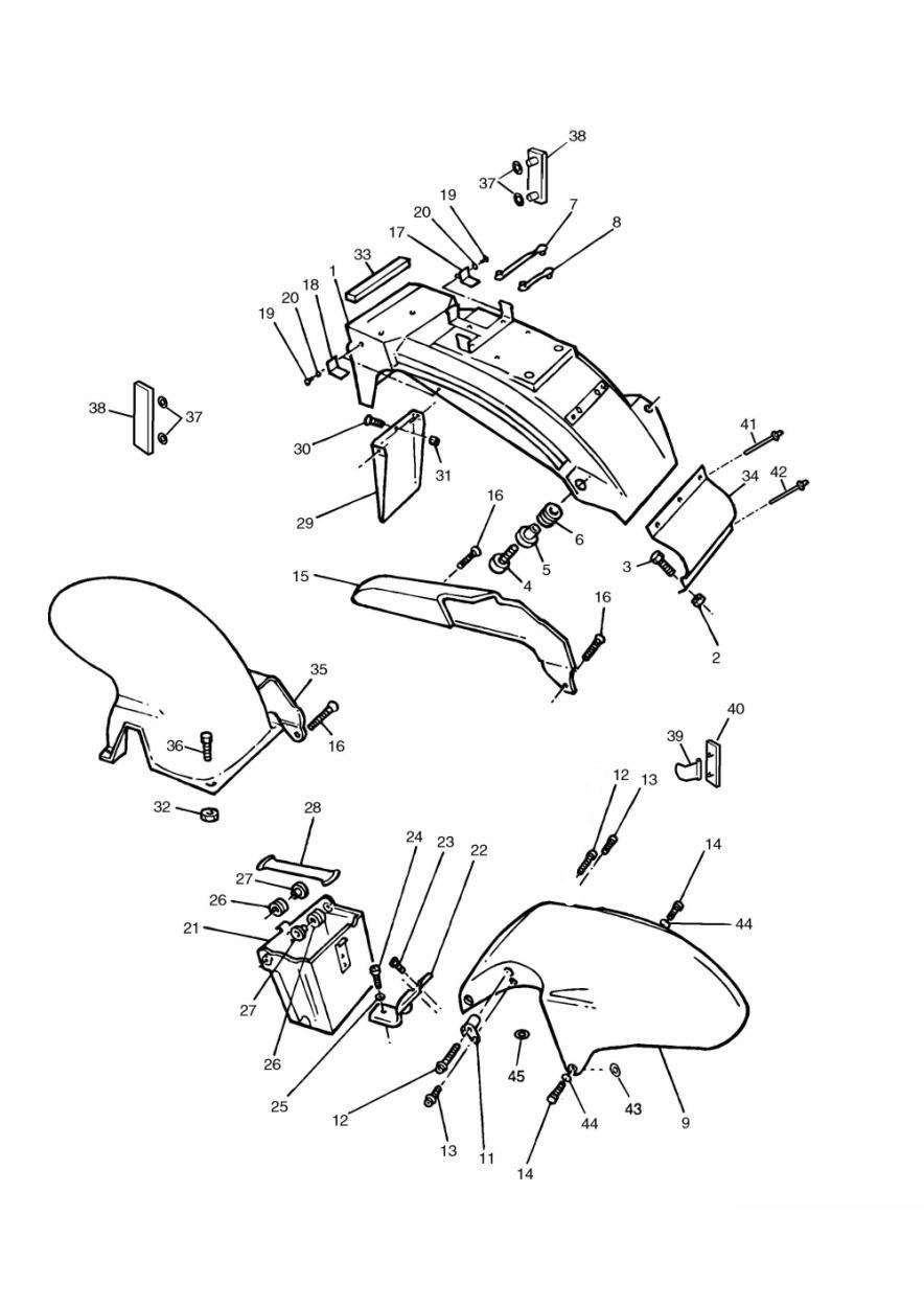 Mudguard, Chainguard & Battery Box exploded diagram