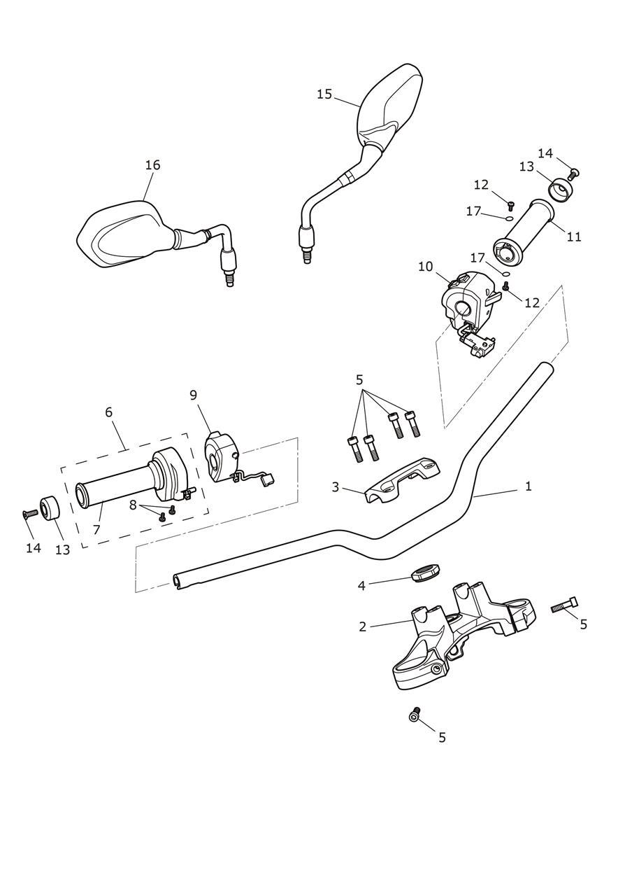 Handlebars, Top Yoke & Mirrors exploded diagram