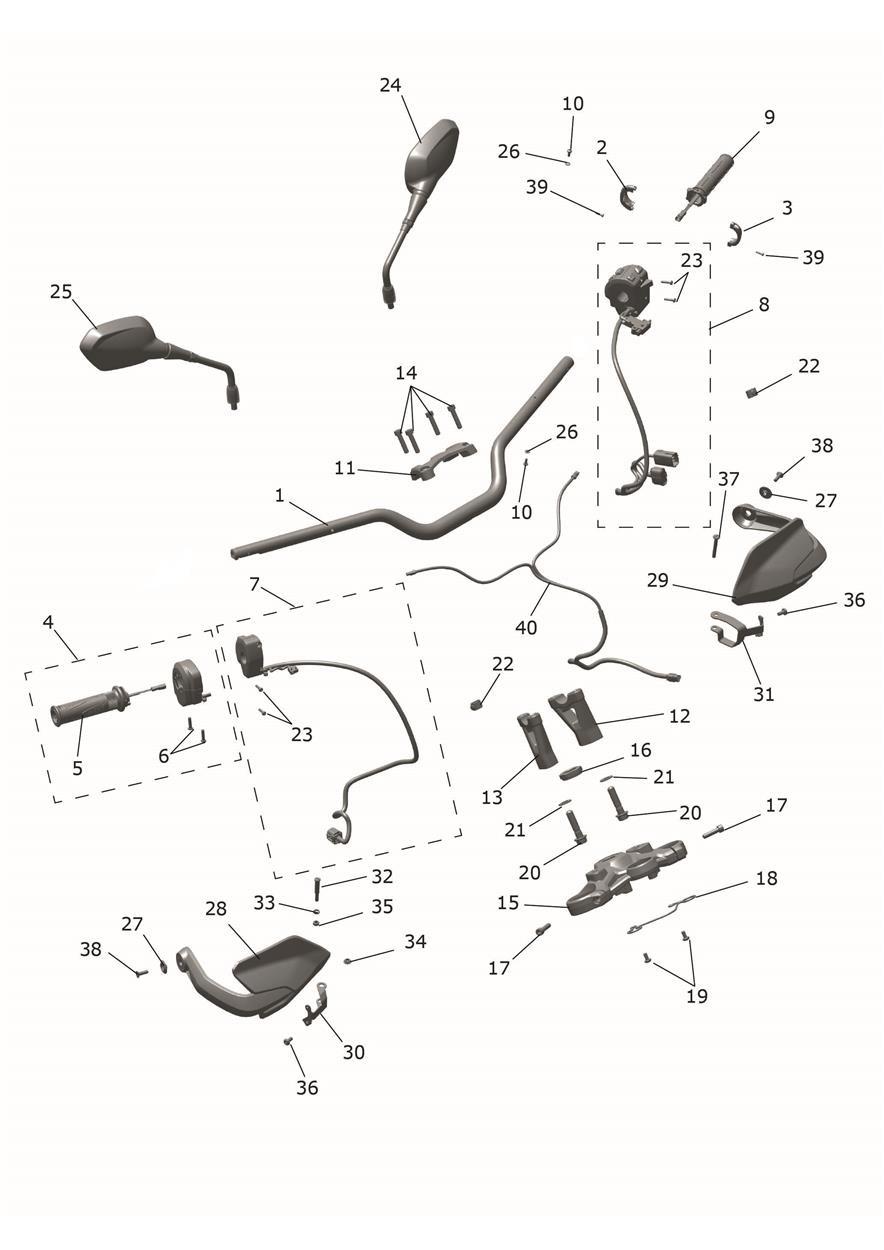 Handlebars, Top Yoke & Mirrors exploded diagram