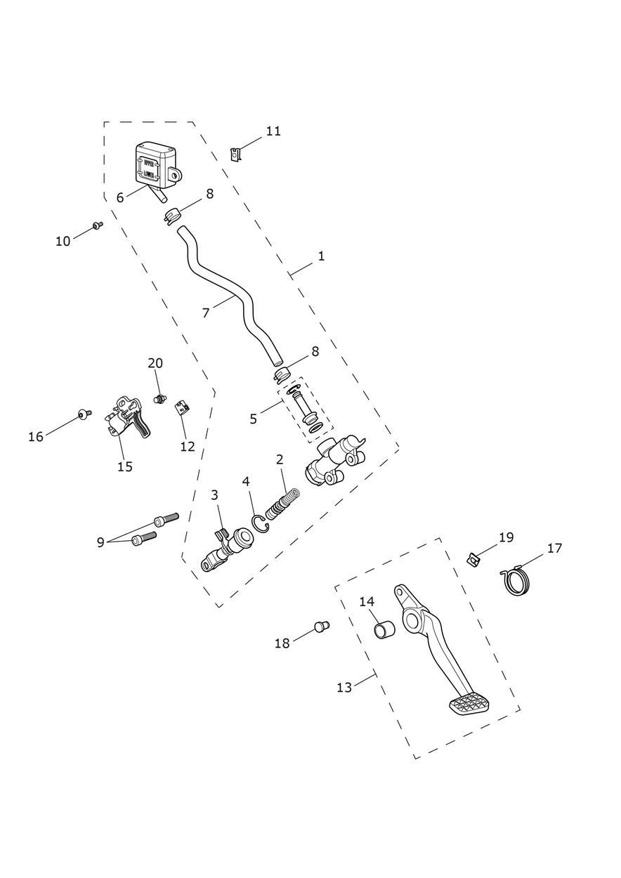 Rear Brake Master Cylinder, Reservoir & Pedal exploded diagram