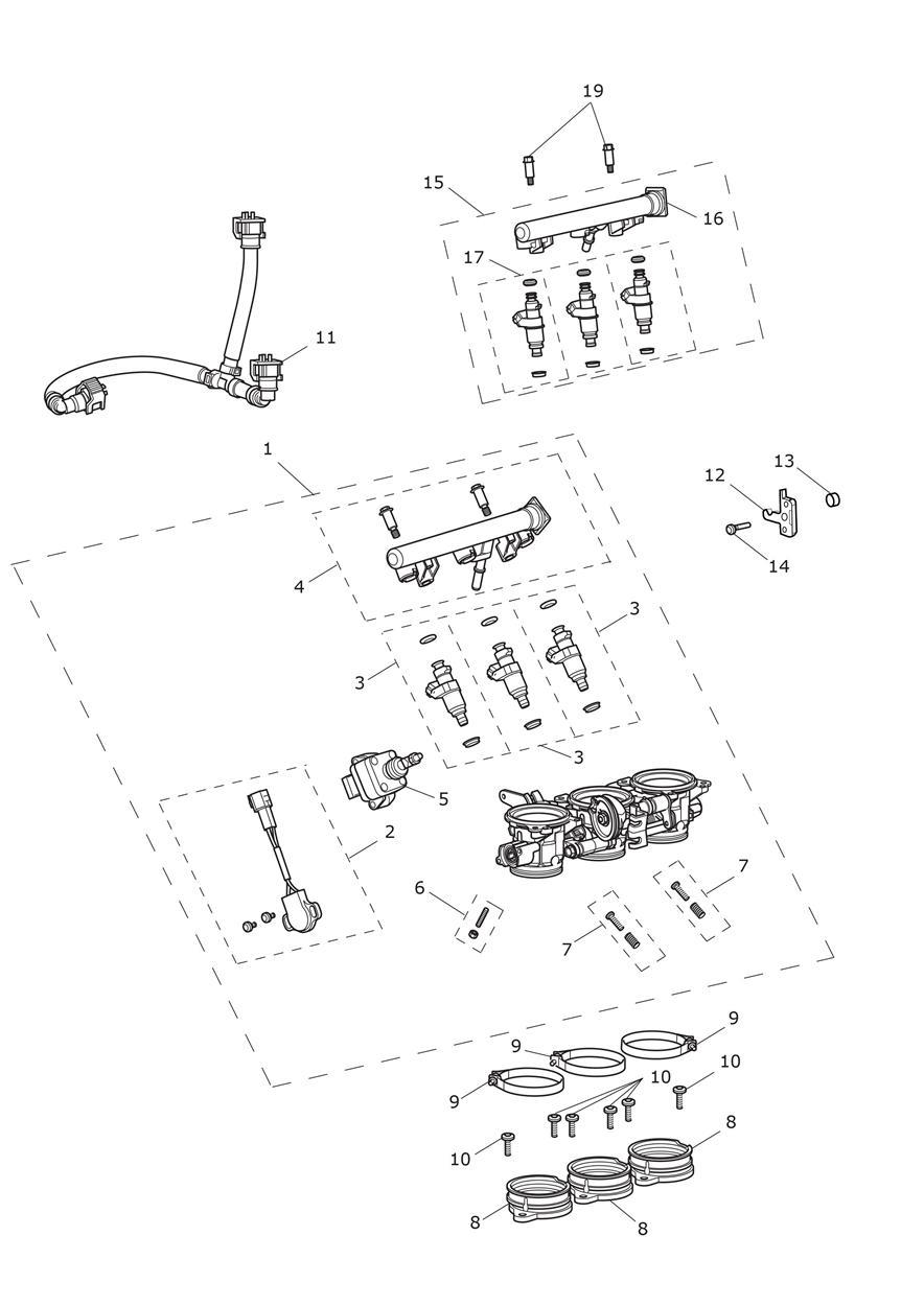 Throttles, Injectors and Fuel Rail exploded diagram