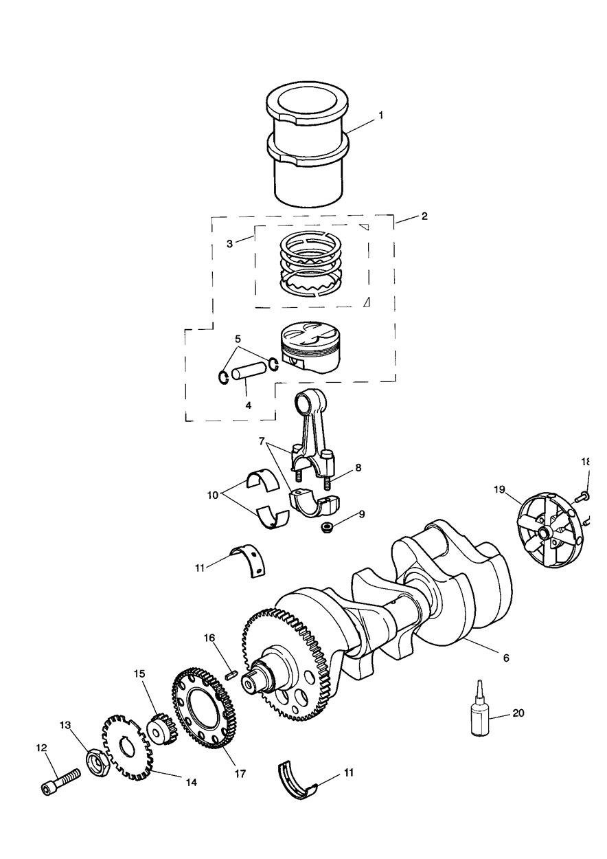 Crankshaft/Conn Rod/Pistons and Liners 955cc Engine exploded diagram