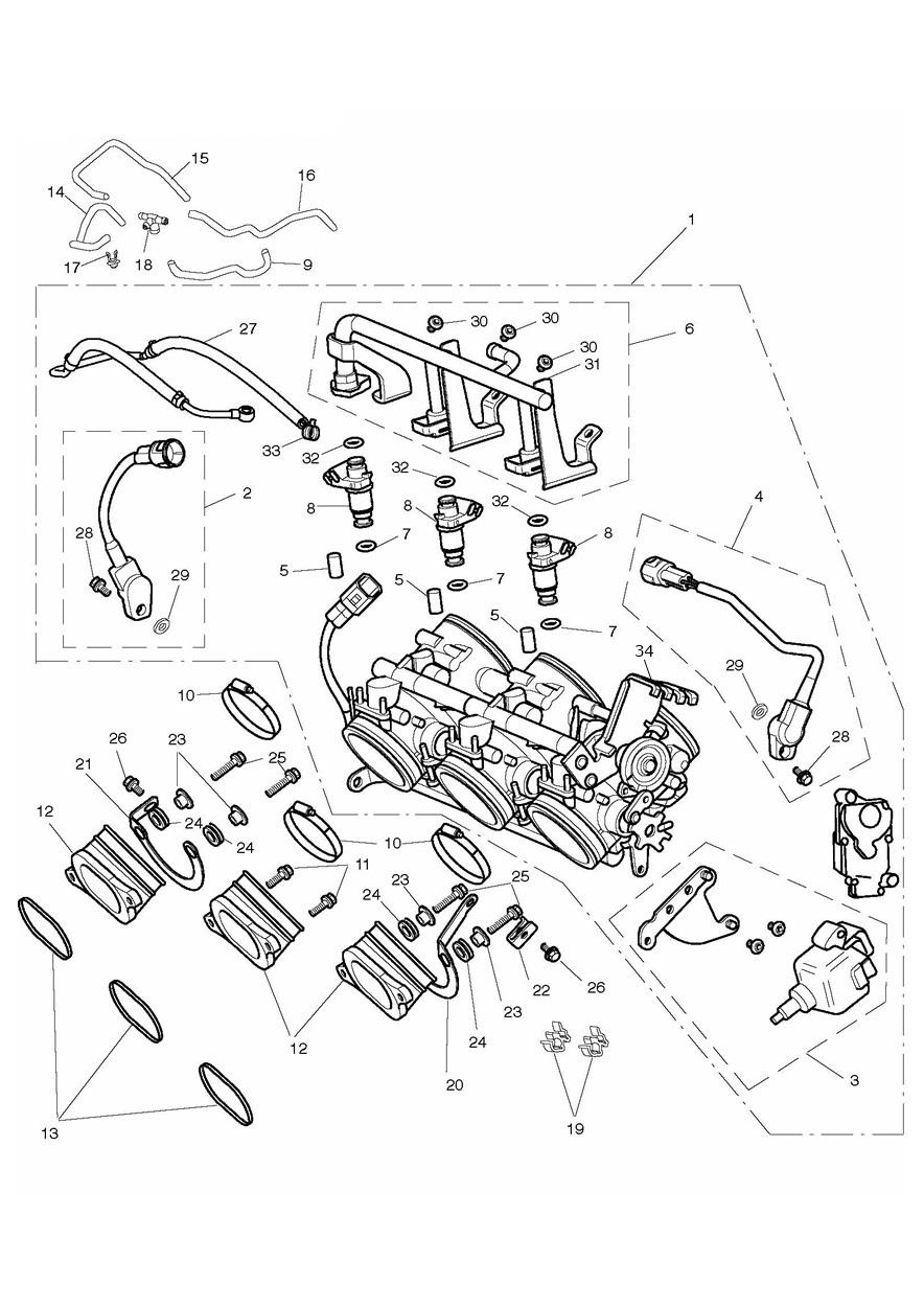 Throttles, Injectors and Fuel Rail exploded diagram