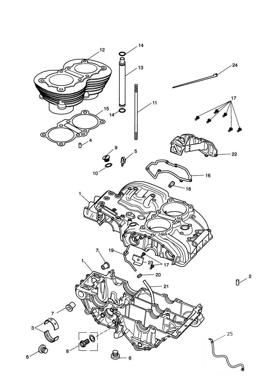 Crankcase & Fittings from Eng No 221609 (Except Eng No's 229407 to 230164) exploded diagram