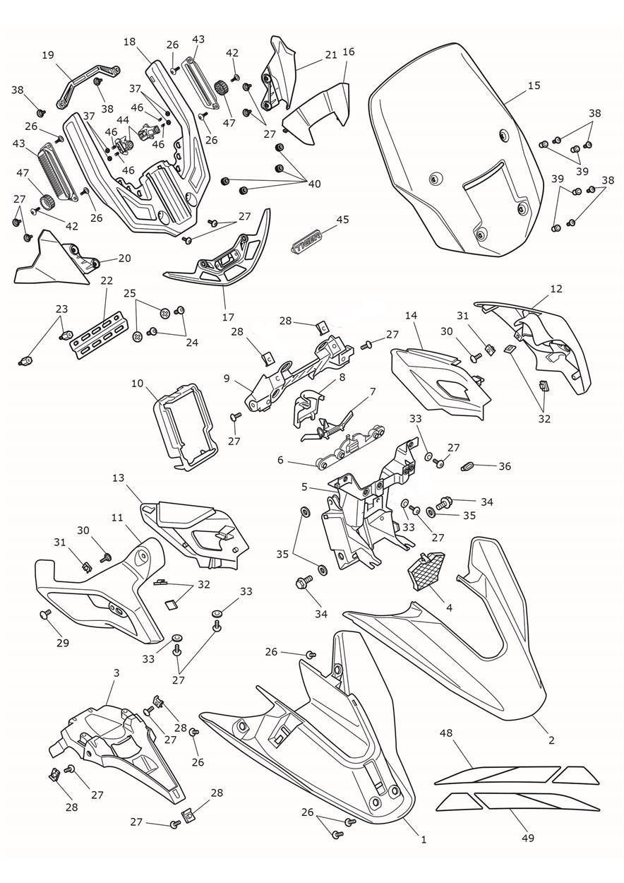 Cockpit, Subframe & Screen exploded diagram