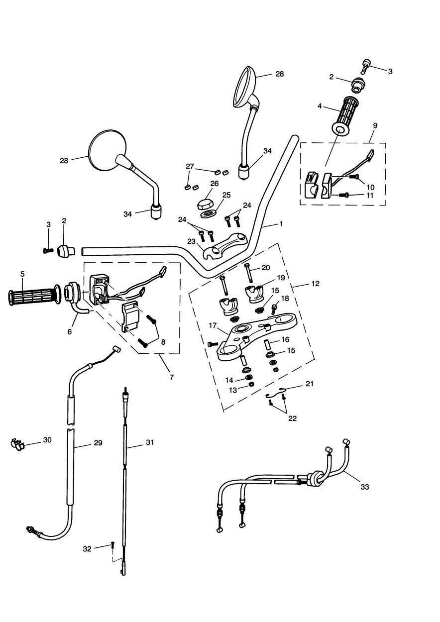 Handlebars, Top Yoke, Cables & Mirrors exploded diagram