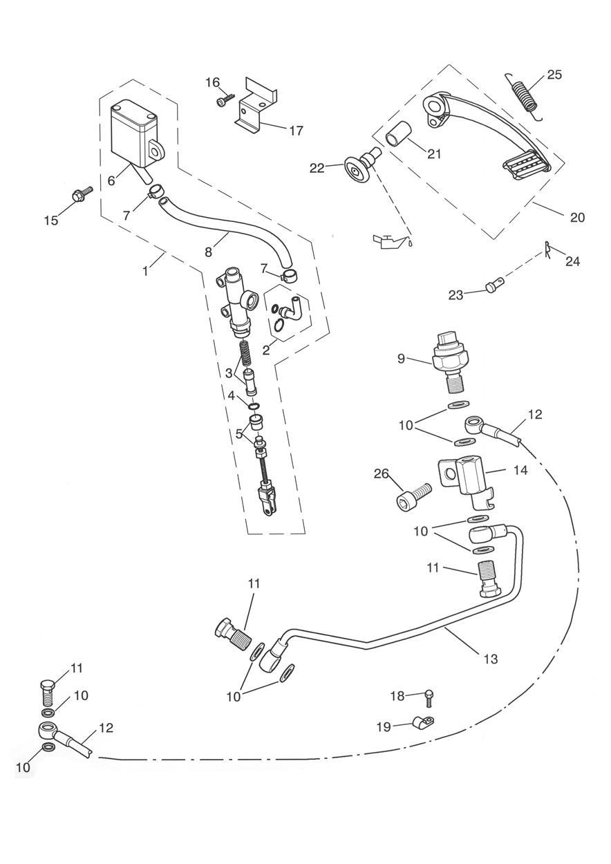 Rear Brake Master Cylinder, Reservoir & Pedal exploded diagram
