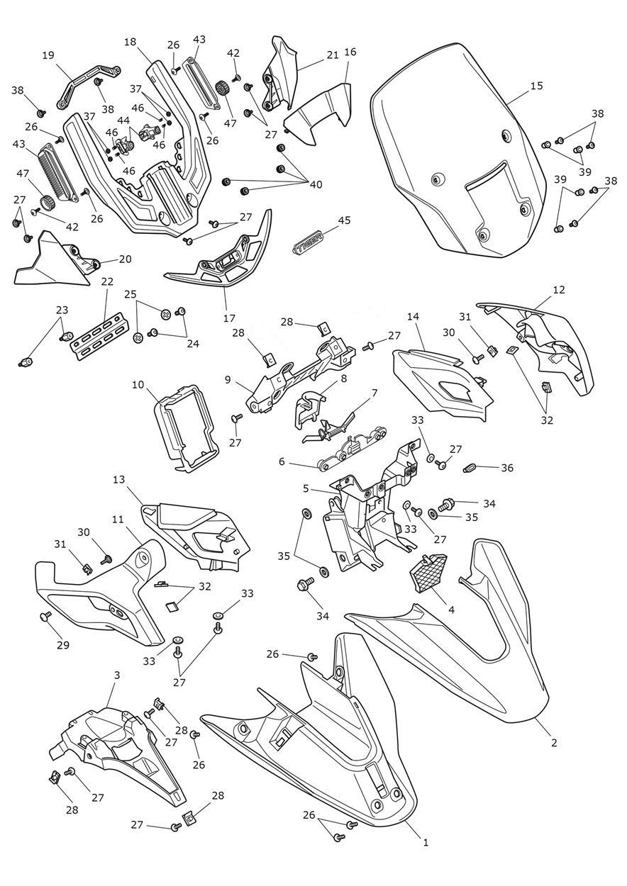 Cockpit, Subframe & Screen exploded diagram