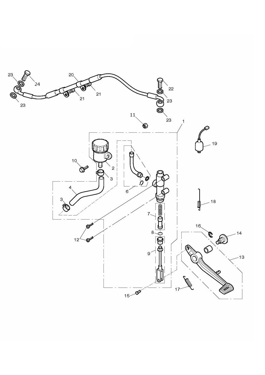 Rear Brake Master Cylinder, Reservoir & Pedal exploded diagram